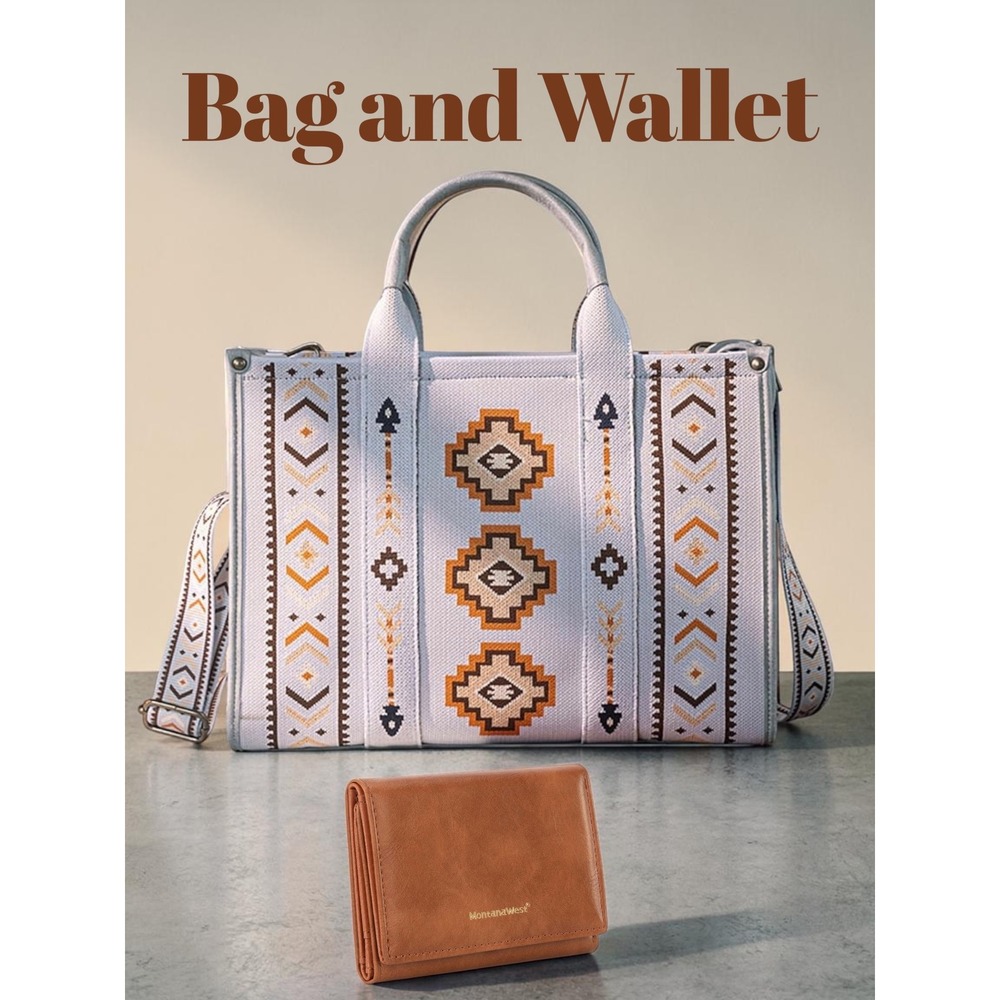 Montana West Aztec Tote Bag and Wallet Set‎ Western Blue Canvas Guitar Strap
